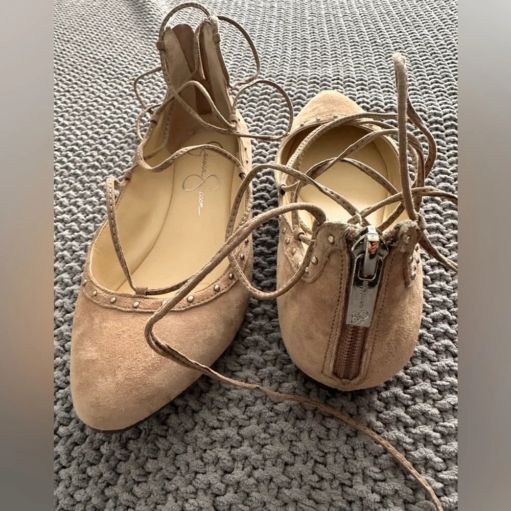 Jessica Simpson Taupe Lace-Up Suede Studded Flats - Picture 4 of 12